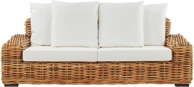 Beliani Gartensofa im Boho-Stil aus Polyrattan mit Polsterung in Beige und Weiss, H: 67 cm, B: 218 cm, T: 94 cm - Bild 1