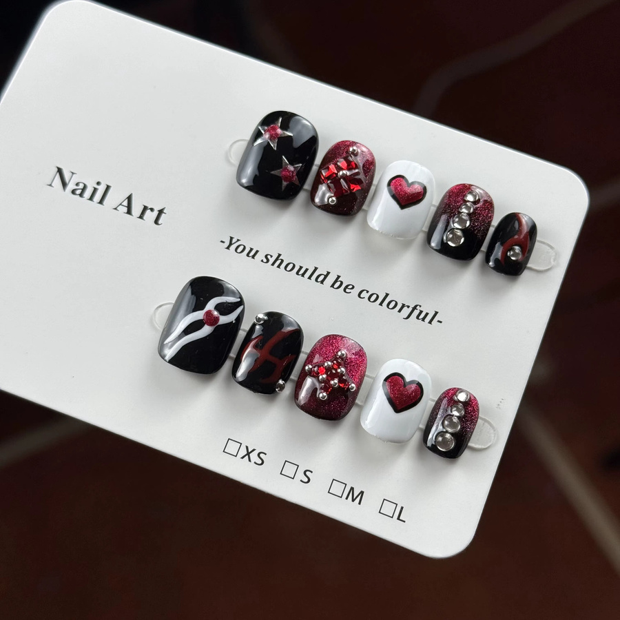 10 Stück handbemalte dreidimensionale Bänder, schwarz-rot, mit Herzen und Diamanten - Bild 2