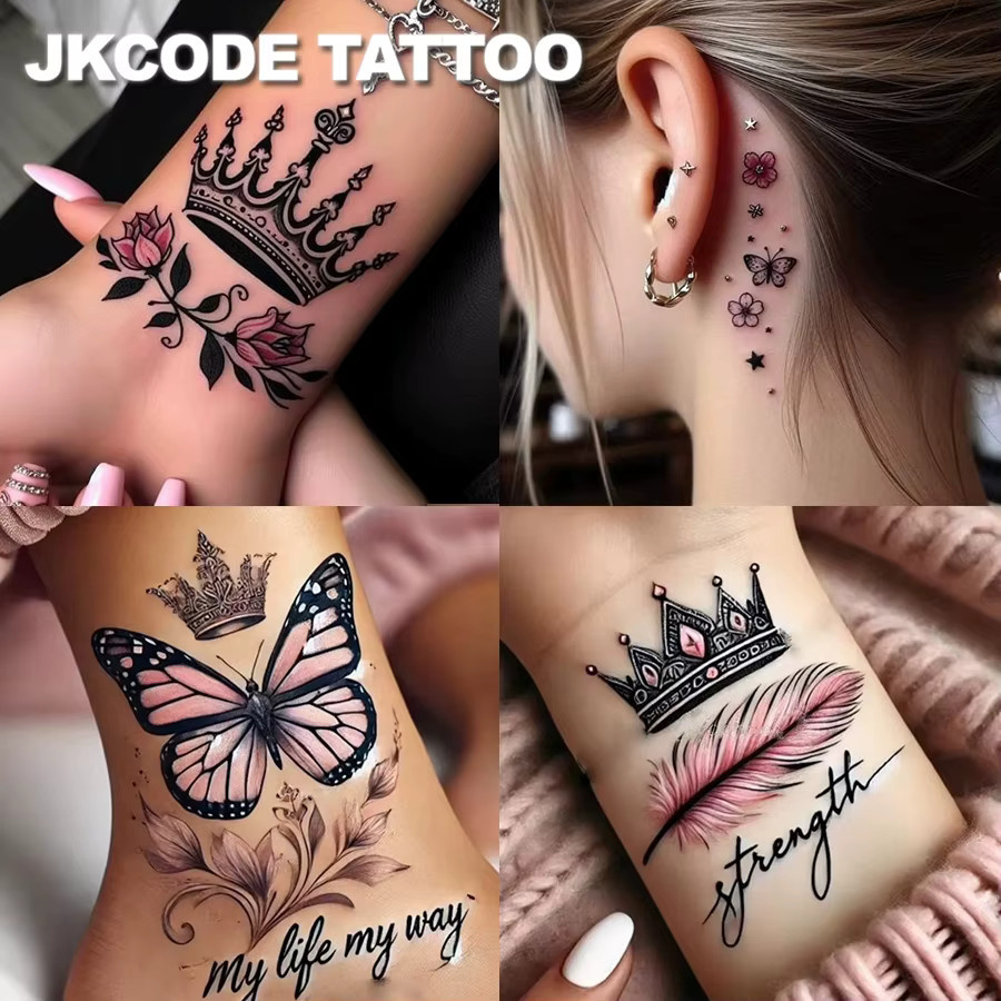 JKCODE TATTOO Temporäre Tattoos Pinky Rose Butterfly, 8 Stück, bunt - Bild 2