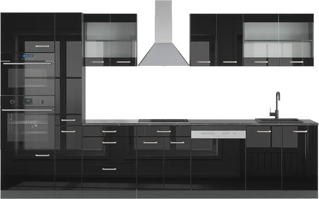 Vicco R-Line Küchenzeile Schwarz Hochglanz und Anthrazit mit Hochschrank, Breite: 350 cm - Bild 1