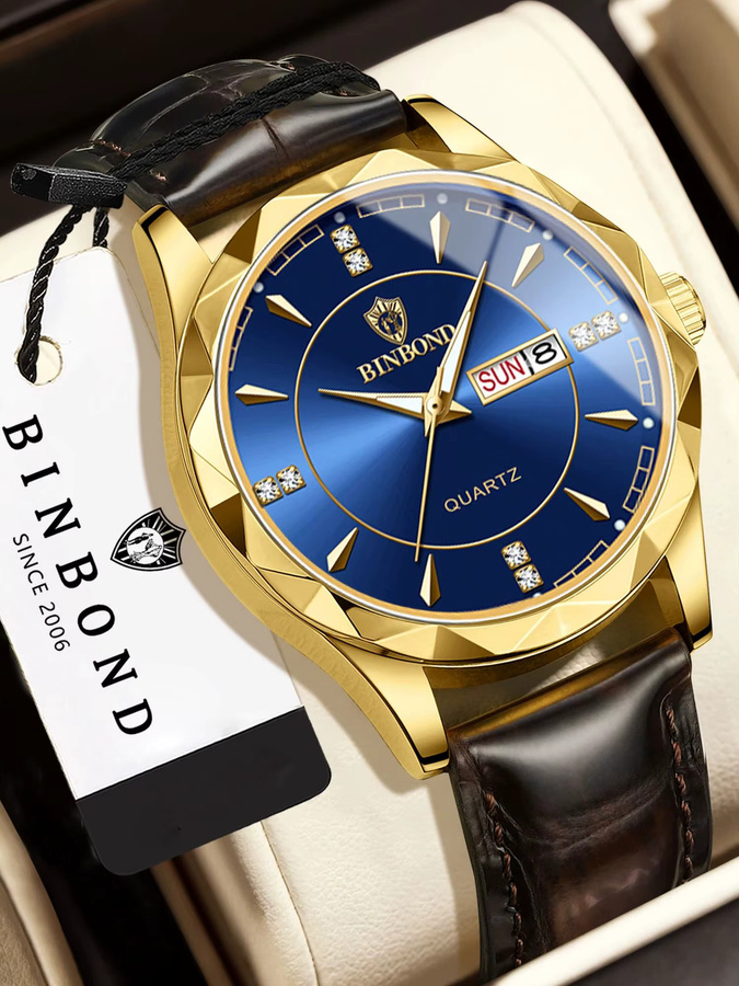 BINBOND Armbanduhr Quarz, Leder, Blau, Gold, Herren - Bild 7