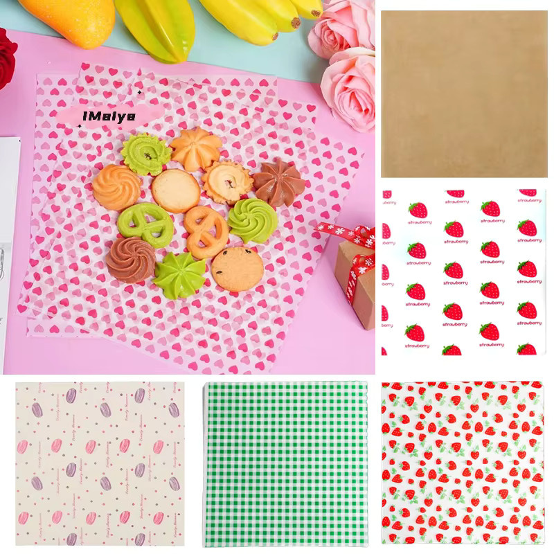50 Stück lebensmittelechtes Backwachspapier mit Erdbeer- und Blumenmuster in Multicolour, antihaftbeschichtete Quadrate zur Verpackung von Kuchen, Burgern und Chips - Bild 1