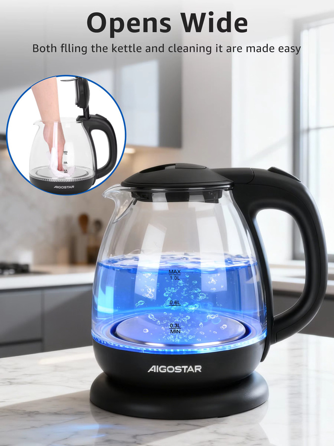 Aigostar Elfin Mini-Wasserkocher aus Borosilikatglas mit LED-Beleuchtung, 2200 W, 1 l, Schwarz - Bild 6
