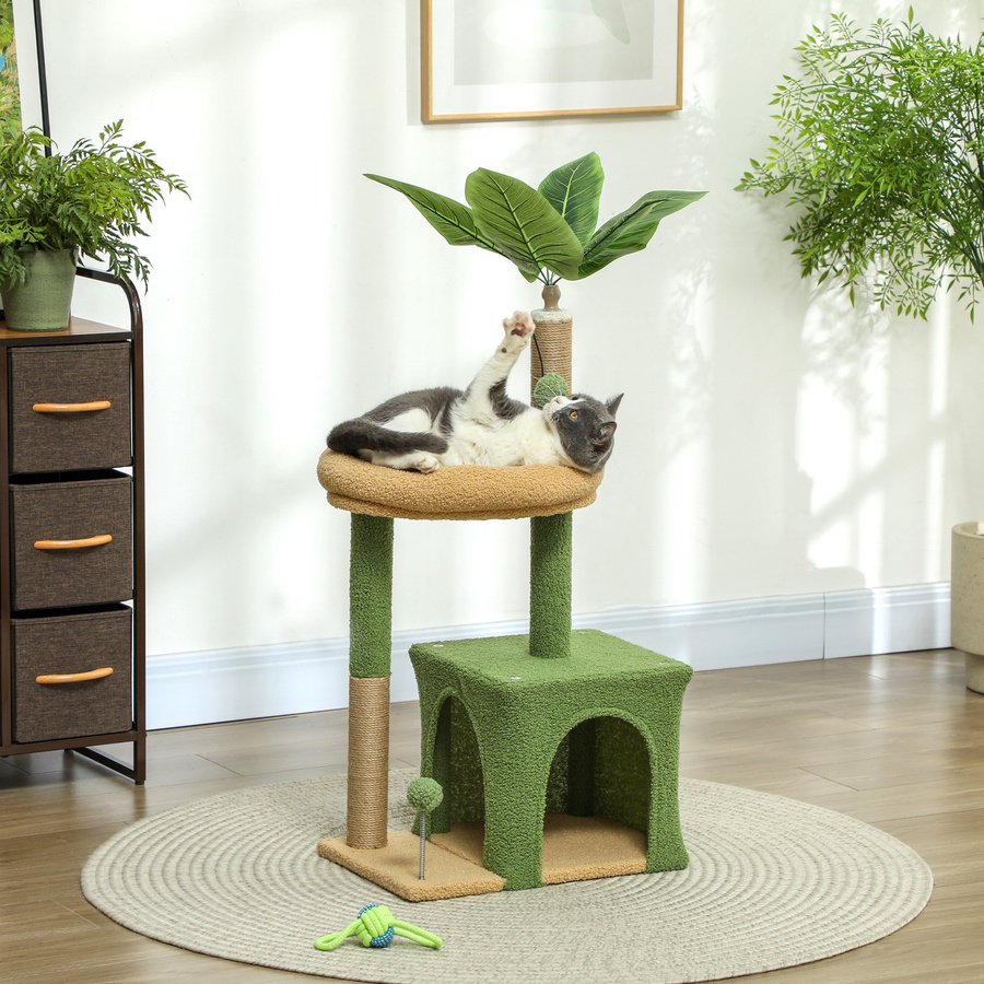 Aosom PawHut Kratzbaum mit Höhle und Spielbällen im Blätter-Design, Farbe: Braun+Grün, Höhe: 98 cm - Bild 2