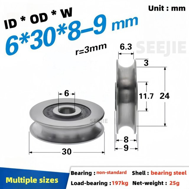 SEEJIE U-Nut-Riemenscheibe aus Edelstahl in Silber, 5 Stück, Maße: B: 6 mm, T: 30 mm, H: 8-9 mm - Bild 1