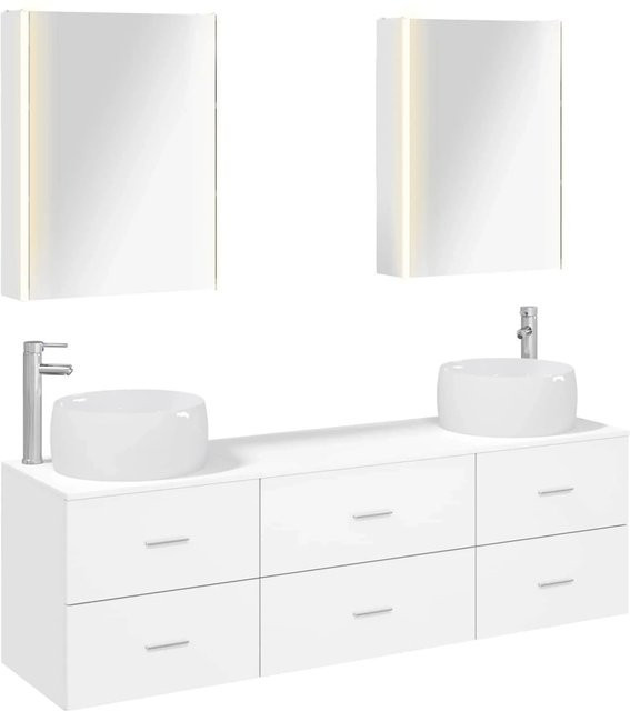 vidaXL Badezimmermöbel-Set 5-teilig in Weiß, modern mit Spiegelschrank und Waschtischunterschrank aus Ingenieurholz und Glas mit LED-Beleuchtung - Bild 1