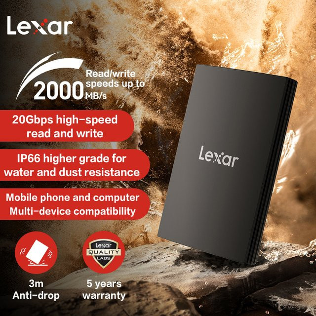 Lexar ARMOR LAR700 Mobile SSD Tragbare Solid-State-Festplatte USB 3.2 Gen 2x2 Schwarz - Bild 1