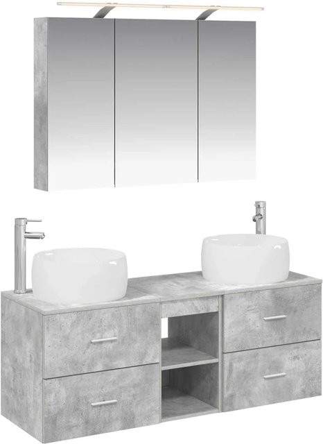 vidaXL Badezimmermöbel-Set 4-teilig in Betongrau mit Waschtischunterschrank und Spiegelschrank aus Ingenieurholz und Glas mit LED-Beleuchtung - Bild 1