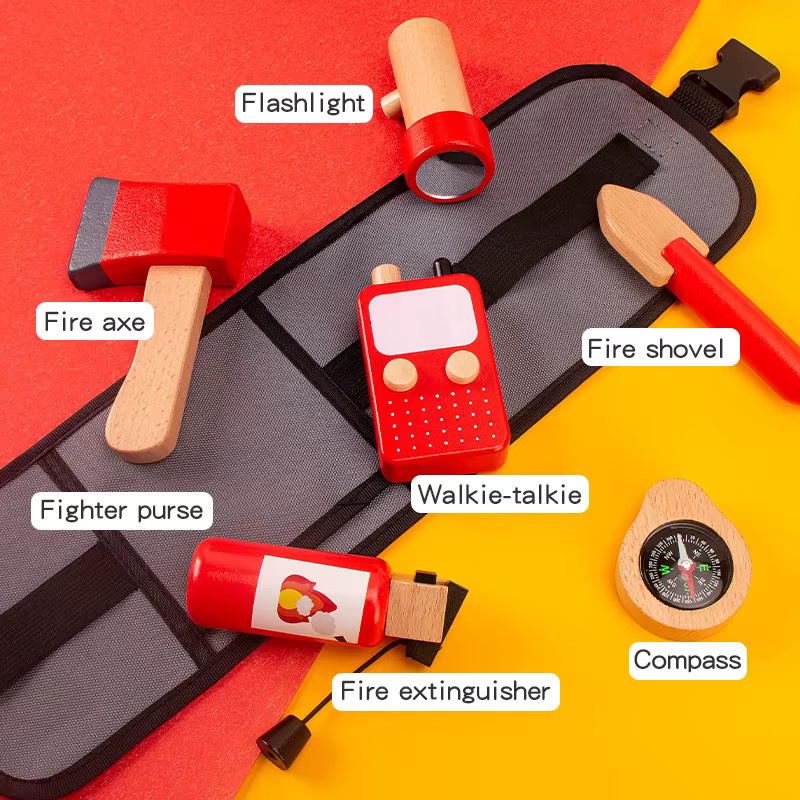 Lee's Sharing Feuerwehr Werkzeug Set aus Holz mit Taillentasche für Kinder ab 3 Jahren, Pädagogisches Rollenspiel Spielzeug in Natur und Bunt - Bild 3