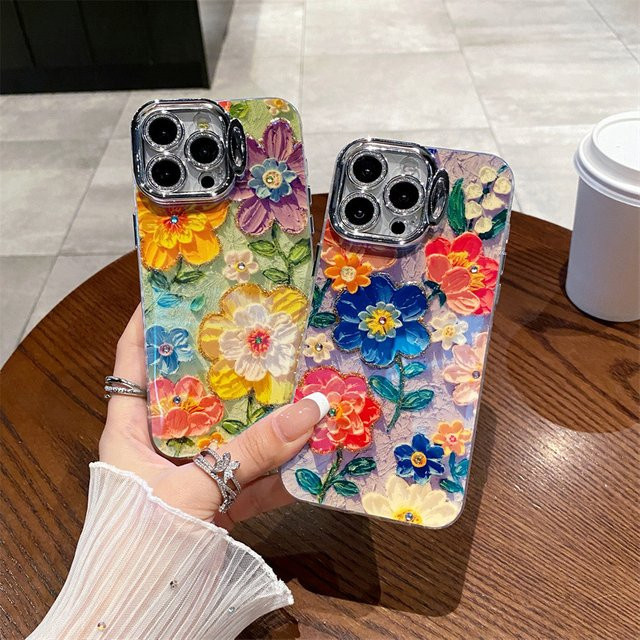 Stoßfeste iPhone Handyhülle mit buntem Ölgemälde Blumen-Design und Glitter-Effekt für Apple iPhone 12 13 14 15 16 Pro Max, Mehrfarbig - Bild 1