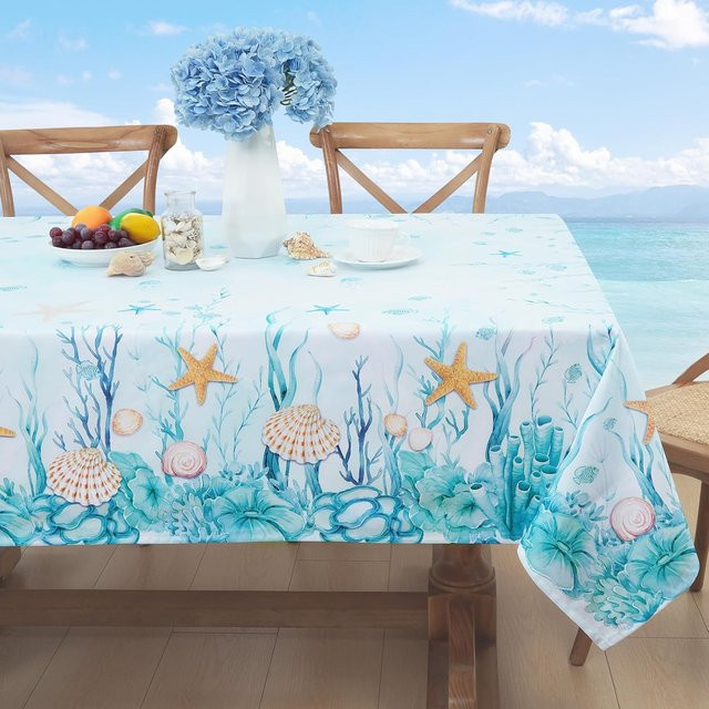Wasserdichte Tischdecke von JINGYUE Pet mit nautischem Ozean-Design in Blau und Koralle, quadratisch, B/B: 140 x 140 cm - Bild 1