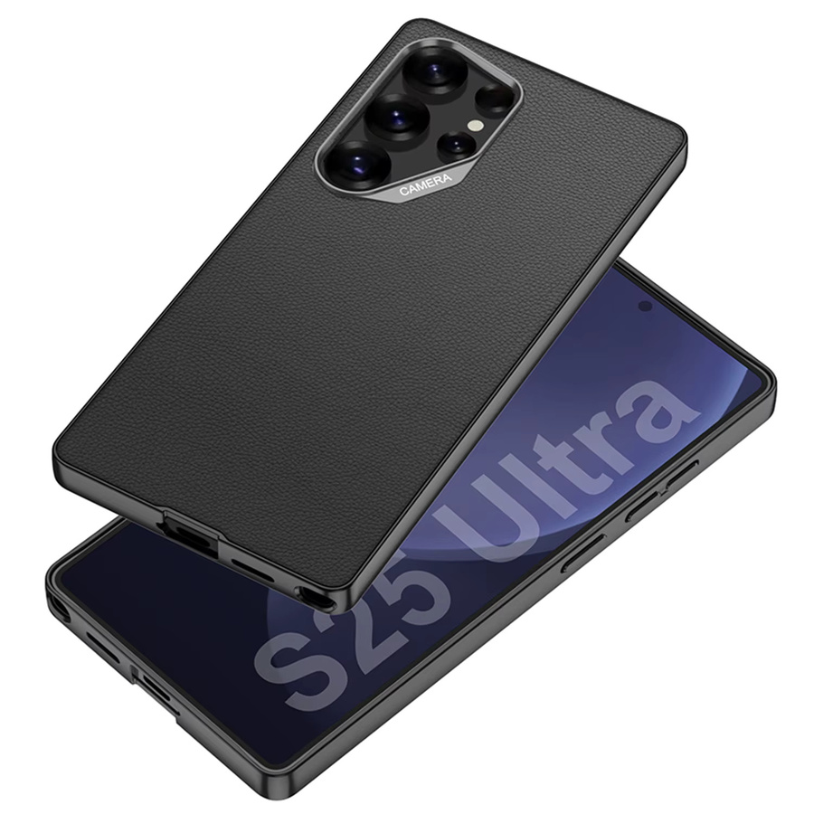 Schlanke vegane Leder-Handyhülle für Samsung Galaxy S26 S25 Ultra in Schwarz mit Metall-Objektivschutz - Bild 2