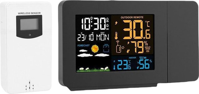 Koogeelife Projektionswecker mit Wettervorhersagestation und Innen-Außen-Thermometer zur Anzeige von Temperatur und Feuchtigkeit in Schwarz - Bild 1