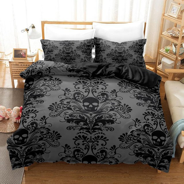 JMG Household Supplies Bettwäscheset im Gothic-Stil mit Schädel-Motiv, grau, aus Mikrofaser, B/H: 70 x 133 cm - Bild 1