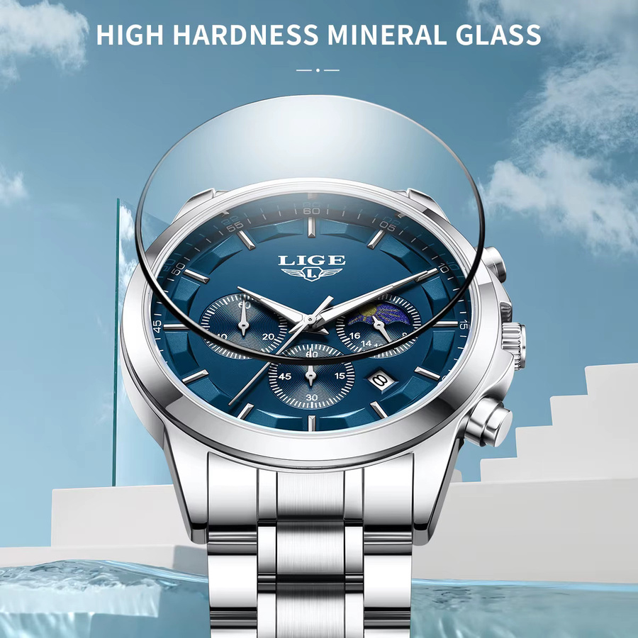 LIGE Herren-Armbanduhr Chronograph, Quarz, Edelstahl, Blau, Herren - Bild 4