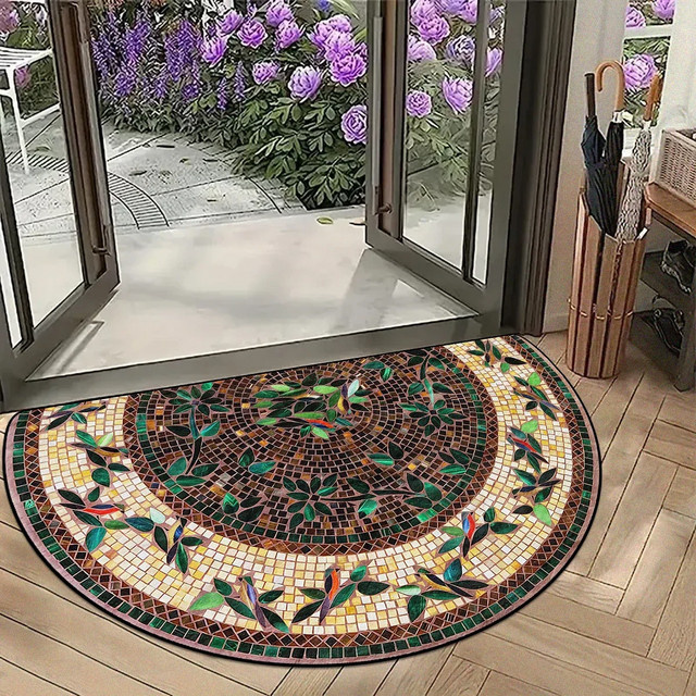 VIKAMA Anti-Rutsch Eingangstürmatte im mediterranen Floral-Design, halbkreisförmiger Teppich für Eingangsbereich und Badezimmer, Multicolour, B: 60 cm, T: 40 cm - Bild 1