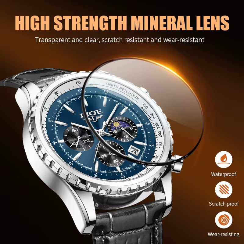 LIGE Armbanduhr, Quarz, Leder, Edelstahl, Blau, Herren - Bild 4