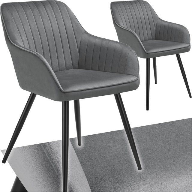tectake Esszimmerstuhl Marilyn 2er Set, gepolstert in Samtoptik mit Steppmuster und Stahlbeinen, B/T/H: 62 x 58 x 82 cm, Grau-Schwarz - Bild 1