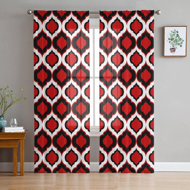 Transparente Vorhänge mit Marokkanischem Muster in Rot, Schwarz und Weiß von Household supplies MH, Tüll Voile Organza für Wohnzimmer und Küche, Breite: 135 cm, Höhe: 115 cm - Bild 1