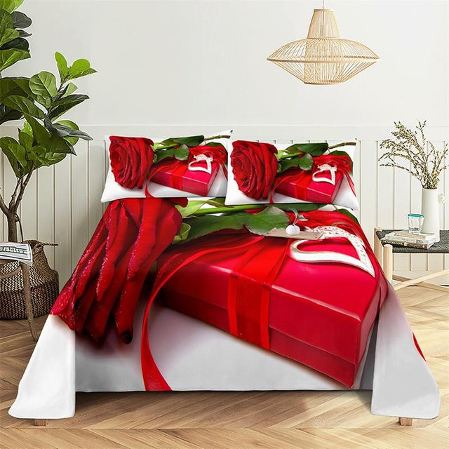 Binchi Bettwäsche-Set mit Roter Rose Design, Queen Size Bettlaken und Kissenbezüge, Farbe Rot, B/T: 150 x 230 cm - Bild 1