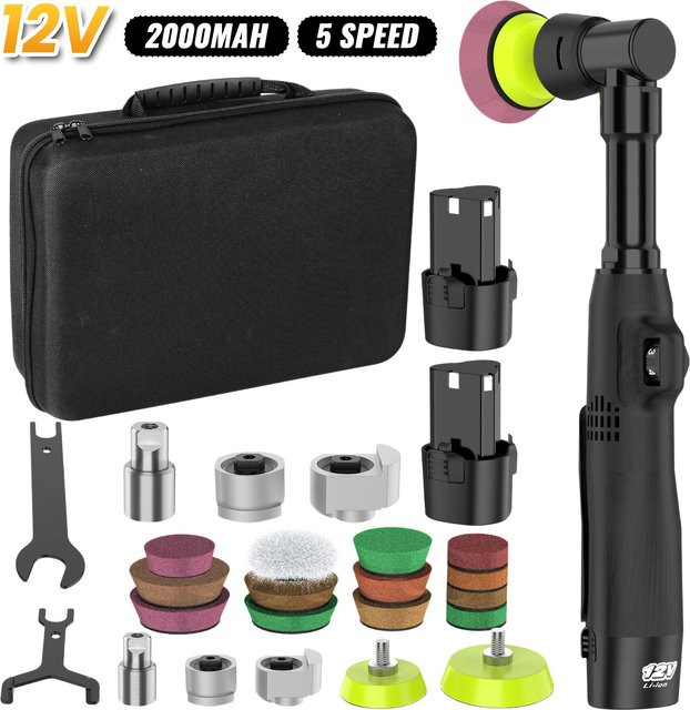 TKKEACE Kabelloser Mini-Autopolierer RO/DA Mikro-Kratzerentferner mit einstellbarer Geschwindigkeit, Schwarz, 12V 2000mAh, inklusive 2 Akkus - Bild 1