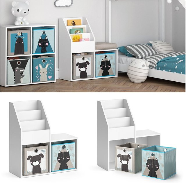 Vicco Kinderregal Luigi Spielzeugablage mit Sitzbank und Faltboxen in Weiß - Bild 1