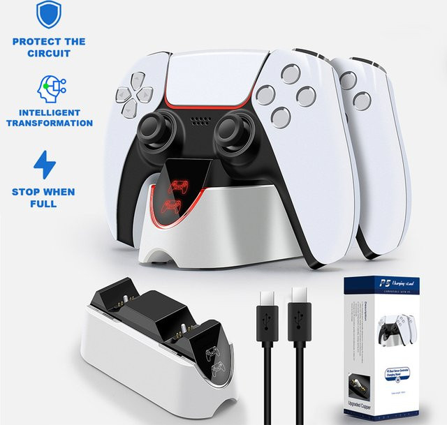 VAORLO Duale Schnell-Ladestation für PS5-Controller in Weiß mit LED-Anzeige - Bild 1