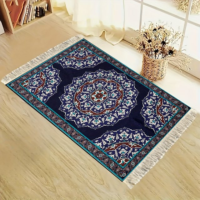 VIKAMA Persischer Gebetsteppich im Vintage-Design mit floralem Muster in Blau - Bild 1