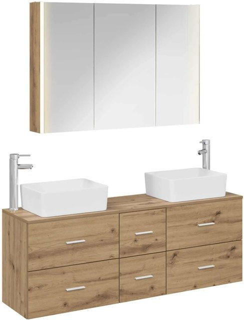 vidaXL Badezimmermöbel-Set 4-teilig in Artisan-Eiche mit Glasfronten und LED-Beleuchtung, Braun - Bild 1