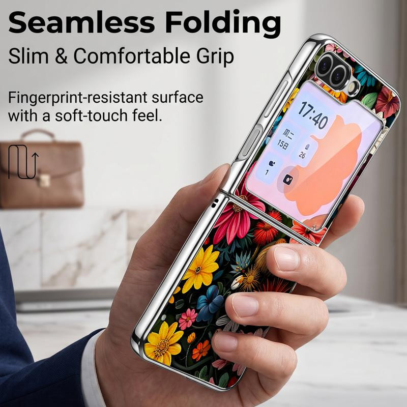 Luxus Handyhülle mit Blumenmuster für Samsung Galaxy Z Flip 7, 6, 5 in Weiß aus PC und PU Leder - Bild 1