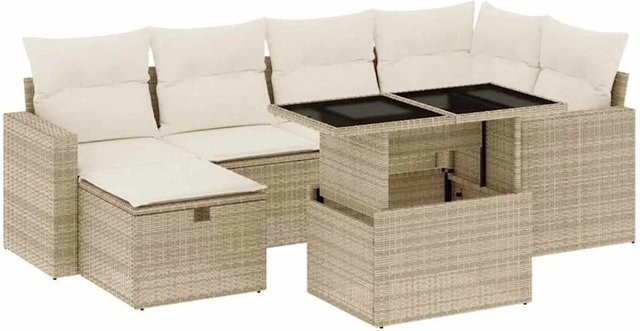 vidaXL 7-teilige Garten-Sofagarnitur in L-Form aus Poly-Rattan mit Kissen in Beige-Creme - Bild 1