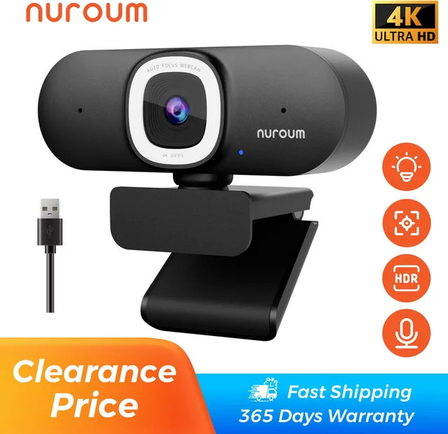 NUROUM V32AFL 4K UHD Webcam mit Mikrofon, Autofokus, Auto-Framing und Ringlicht in Schwarz für PC, Laptop und Desktop via USB - Bild 1