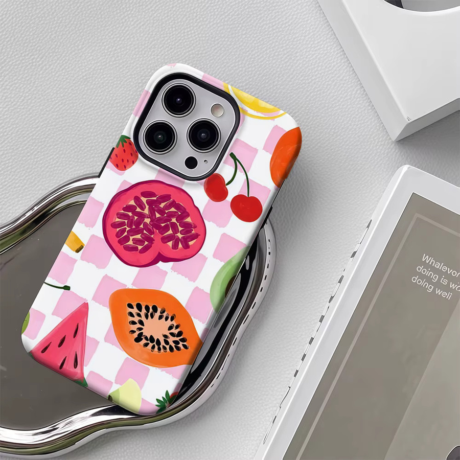 Handyhülle mit buntem Früchte-Schachbrett-Muster in Rosa für Apple iPhone 17 16 15 14 13 Pro Max Plus mit doppelschichtiger Rückseite - Bild 4