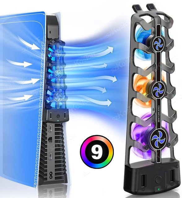 SZKOSTON RGB-Lüfter für PS5 Disc und Digital Edition, leises Kühlsystem in Schwarz mit 3 Geschwindigkeitsstufen - Bild 1