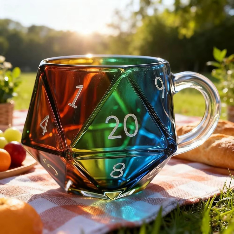 KECTTIO Regenbogen Glasbecher in geometrischer D20-Würfelform mit Griff, transparenter polyedrischer Kaffeetasse in Multicolour und Blau - Bild 1