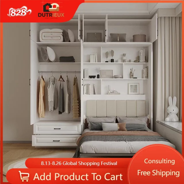 DUTRIEUX Schrankbett in Weiß mit Schrank-Organizer und Schubladen, Modernes Mehrzweckbett für Erwachsene, 140 x 200 cm - Bild 1