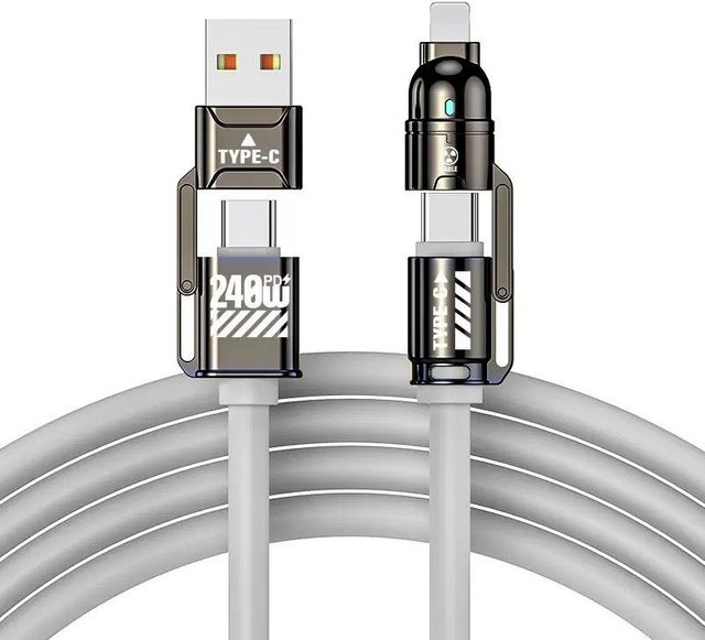 JR-Studio 4-in-1 Schnellladekabel 240W mit USB-A, Typ-C und Lightning, grau, Länge: 2 m - Bild 1