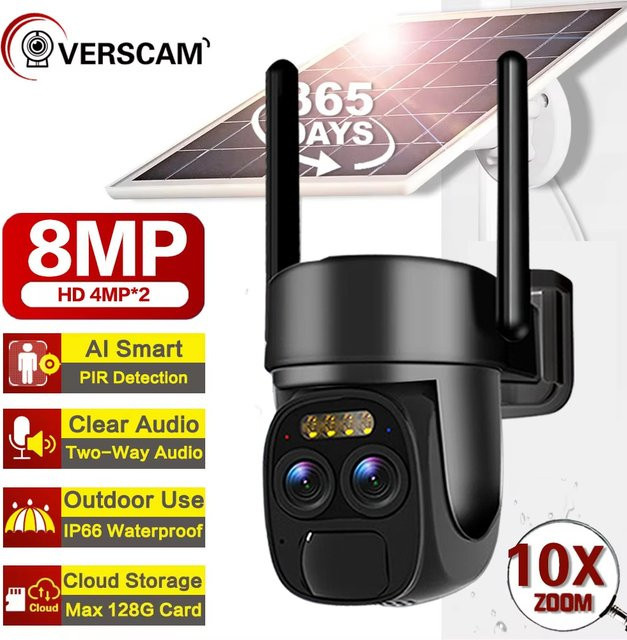 NINIVISION 8MP Outdoor 4K Solar Kamera mit Akku, PTZ IP Kamera mit 10X optischem Zoom, Wifi und 2-Wege-Audio, Schwarz - Bild 1