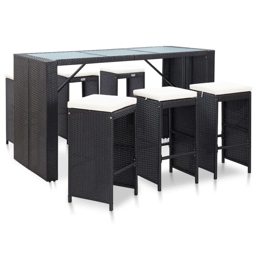 vidaXL 7-tlg Gartenbar-Set aus Poly Rattan in Schwarz mit Auflagen und Hartglas-Tischplatte - Bild 2