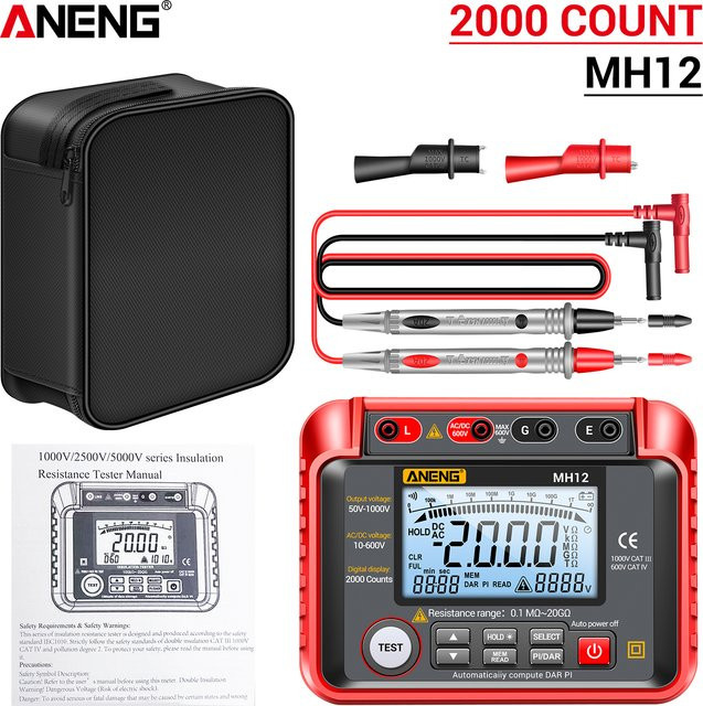 ANENG MH12 Digitales Megohmmeter Isolationsprüfgerät mit AC/DC Spannungsmessung in Rot - Bild 1