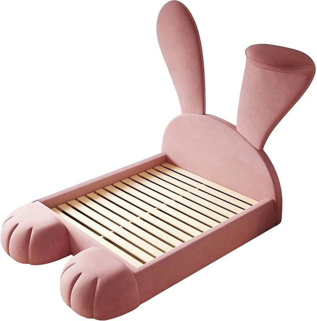 360Home Kinderbett mit Kaninchen-Design in Rot und Pink aus Massivholz und Samt, B/T/H: 120 x 200 x 148 cm - Bild 1
