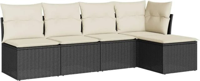 vidaXL 5-tlg Garten-Sofagarnitur in L-Form aus Poly-Rattan und pulverbeschichtetem Stahl mit Kissen in Schwarz und Cremeweiß - Bild 1