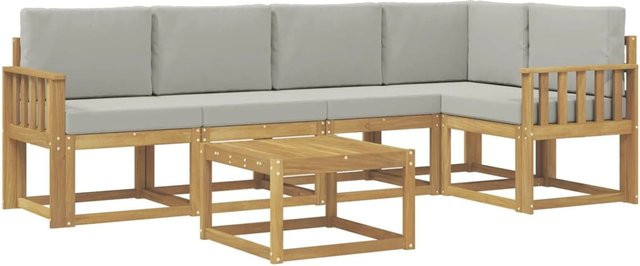 vidaXL Outdoor-Sofagarnitur 6-teilig in L-Form aus Akazienholz mit Polstern in Weiß und Hellgrau - Bild 1
