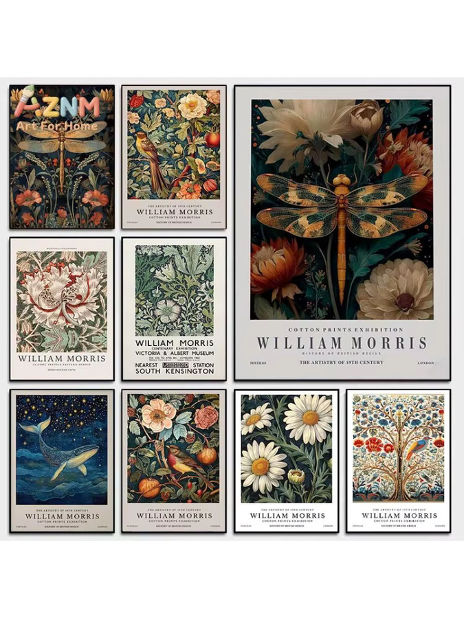 AZNM William Morris Vintage Botanischer Kunstdruck auf Leinwand, Mehrfarbig, Florale Motive mit Tieren und Landschaften - Bild 3