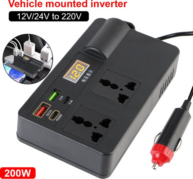 Universal Auto Inverter 200W Netzteil DC 12V/24V zu AC 220V Konverter mit USB/PD/Typ-C Anschlüssen in Schwarz - Bild 1