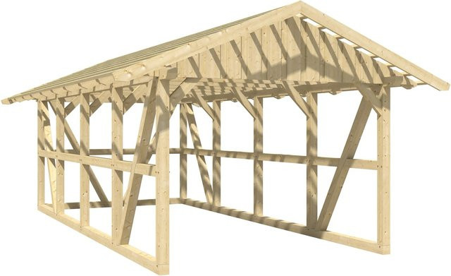 Skan Holz Carport Schwarzwald aus Fichtenholz mit Satteldach, Dachlattung und Rückwand in Natur, B: 424 cm, B: 772 cm - Bild 1