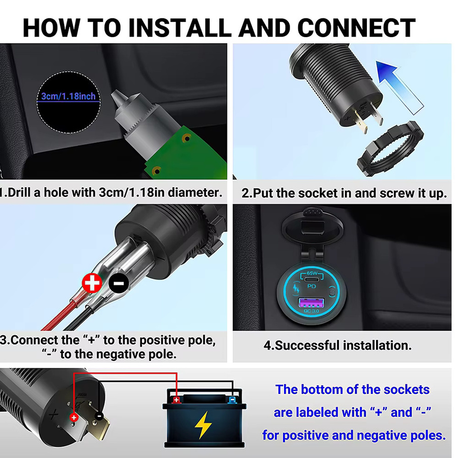 Velev 85W USB Auto Ladegerät mit PD Typ C und QC 3.0, Wasserdichter Adapter mit Schalter für 12V 24V Auto Lkw Boot, Schwarz - Bild 5
