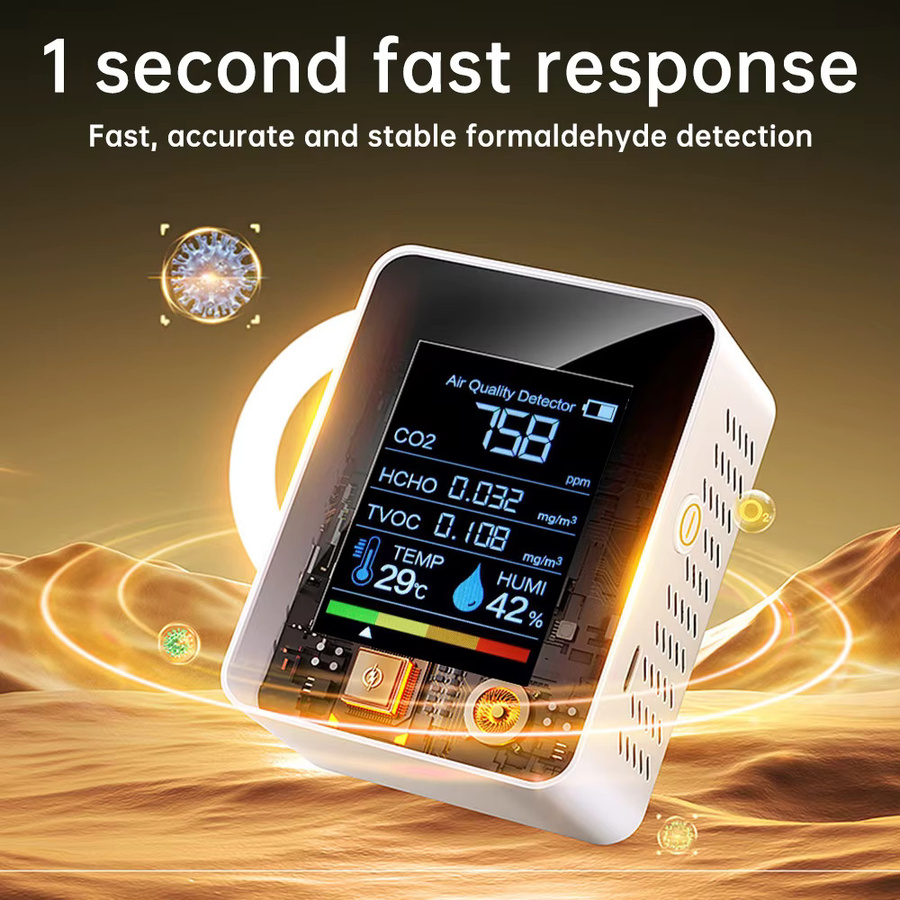 Gaqqee 5-in-1 Luftqualitätsmonitor in Weiß mit CO2-Detektor, Formaldehyd, TVOC, Temperatur und Feuchtigkeit sowie akustischer und visueller Alarmfunktion - Bild 4