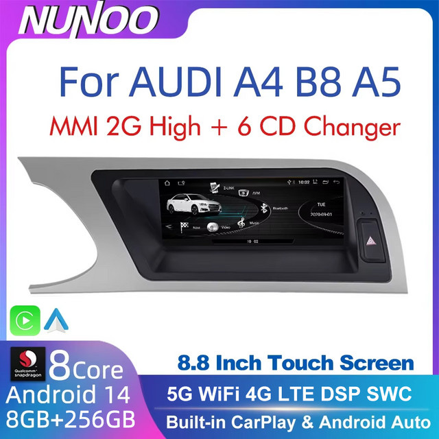 Nunoo Android 14 Multimedia Player für Audi A4 B8 und A5 mit 8 GB RAM und 256 GB Speicher, CarPlay, GPS und MMI 2G CD Wechsler Unterstützung, Schwarz - Bild 1