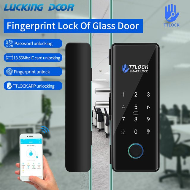 LUCKING DOOR Smart Lock für Glastüren und Holztüren, WLAN, biometrisches Fingerabdruckschloss mit TTLOCK, digitales elektronisches Türschloss, schwarz, bohrfrei - Bild 1